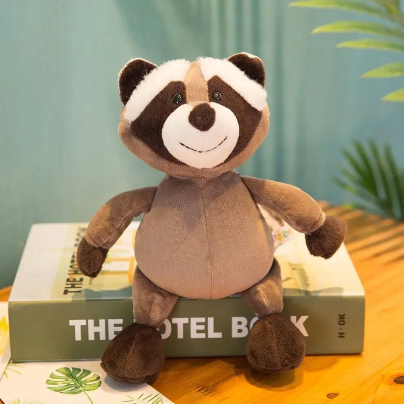 Adorable raccoon forest animal plush toy styled on a book, a soft stuffed friend for reading nooks and gifting.