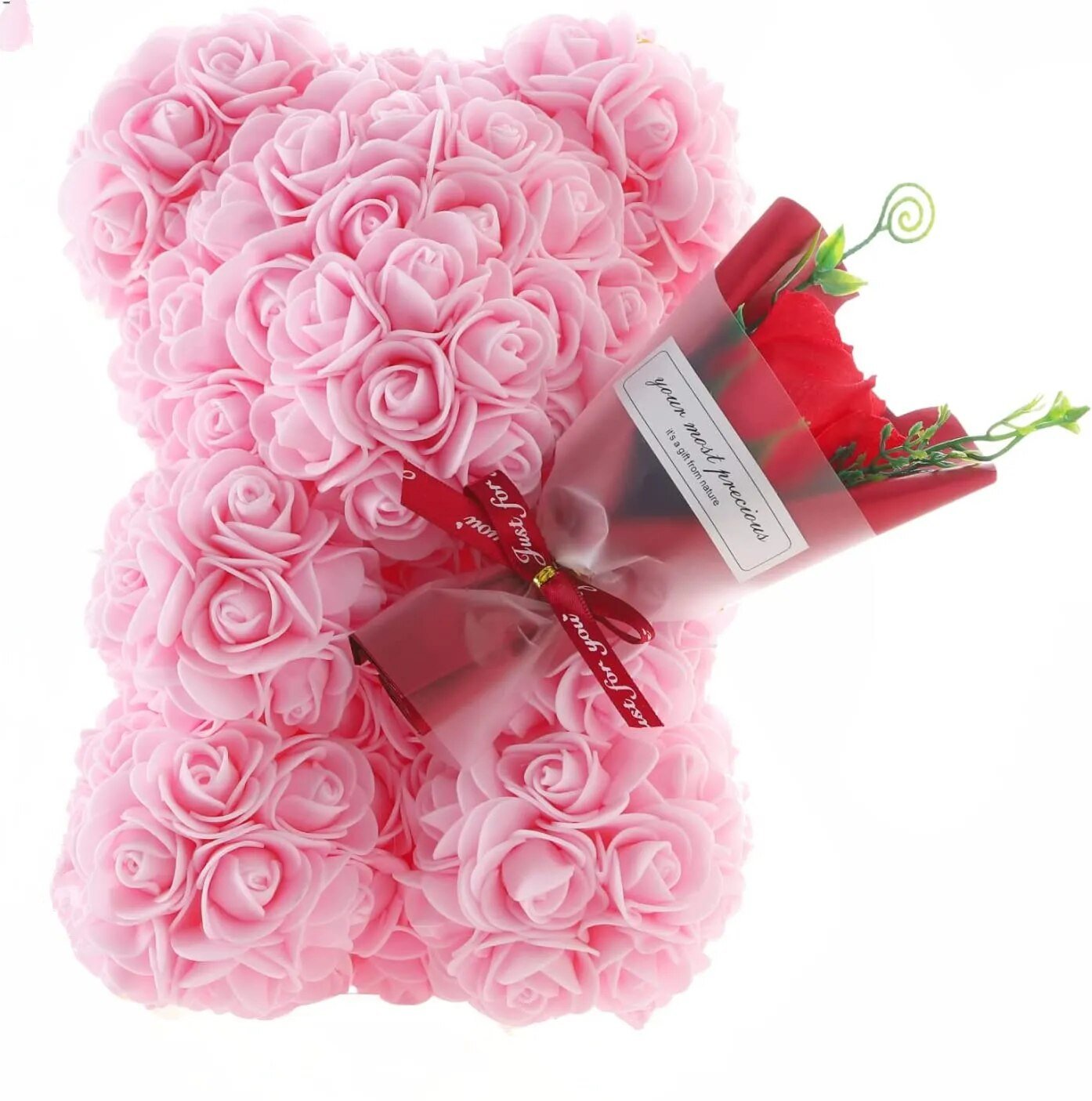 Pink Rose Bear flower teddy styled with lipstick in a flat lay, a thoughtful Valentines gift idea for her.