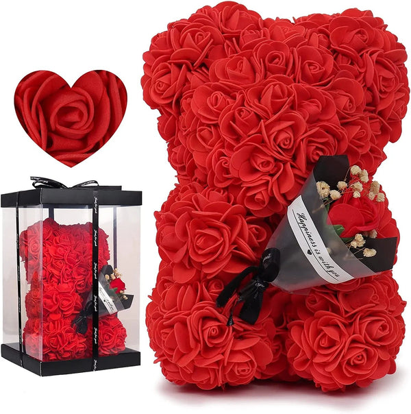 25cm Rose Bear in red with a heart shaped gift box of roses, a keepsake flower teddy for Mothers Day surprises.