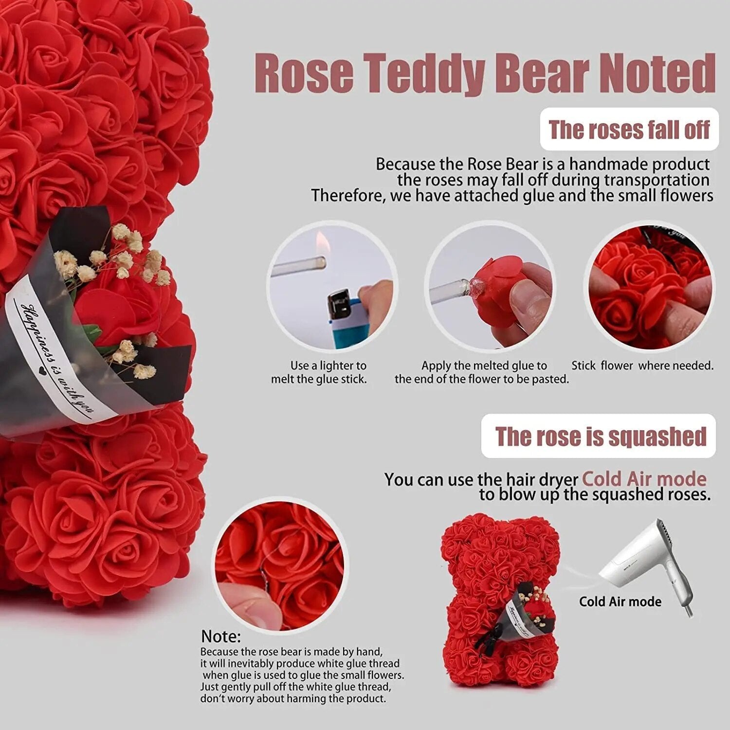 Care and handling guide for the 25cm Rose Bear artificial flower teddy, showing how to keep the gift looking fresh.