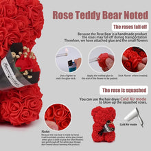 Care and handling guide for the 25cm Rose Bear artificial flower teddy, showing how to keep the gift looking fresh.