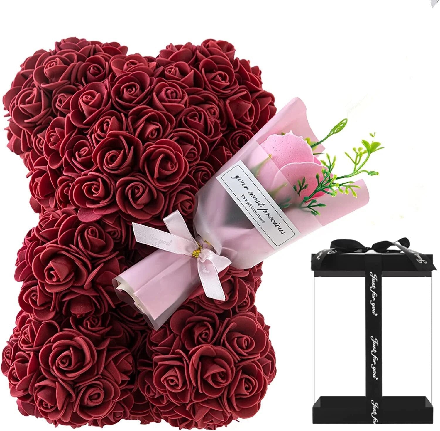 Red Rose Bear presented in a clear gift box with a black case, a display ready flower teddy for romantic occasions.