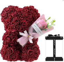 Red Rose Bear presented in a clear gift box with a black case, a display ready flower teddy for romantic occasions.