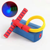 Colorful toy with a blue base, red handle, and yellow ring on a white background.