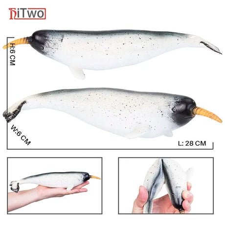Realistic penguin-shaped fishing lure with measurements and usage examples on a white background.