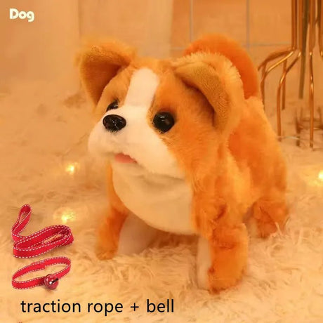 Plush dog toy with a pink traction rope and bell on a soft surface.