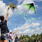 People flying kites in a park with a clear blue sky and trees in the background