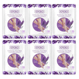 Six packages of Efero exfoliating foot mask with lavender extract on a white background.