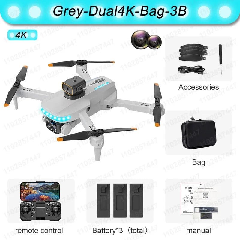 Gray dual 4K drone with accessories on a white background
