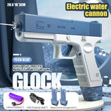 Electric water cannon gun with 'Glock' branding and water splashing effect.