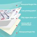 Clear protective film over printed materials with text labels on a teal background