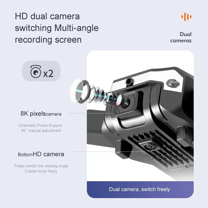 Camera module with dual cameras, 8K pixel camera, and bottom HD camera on a light gray background.