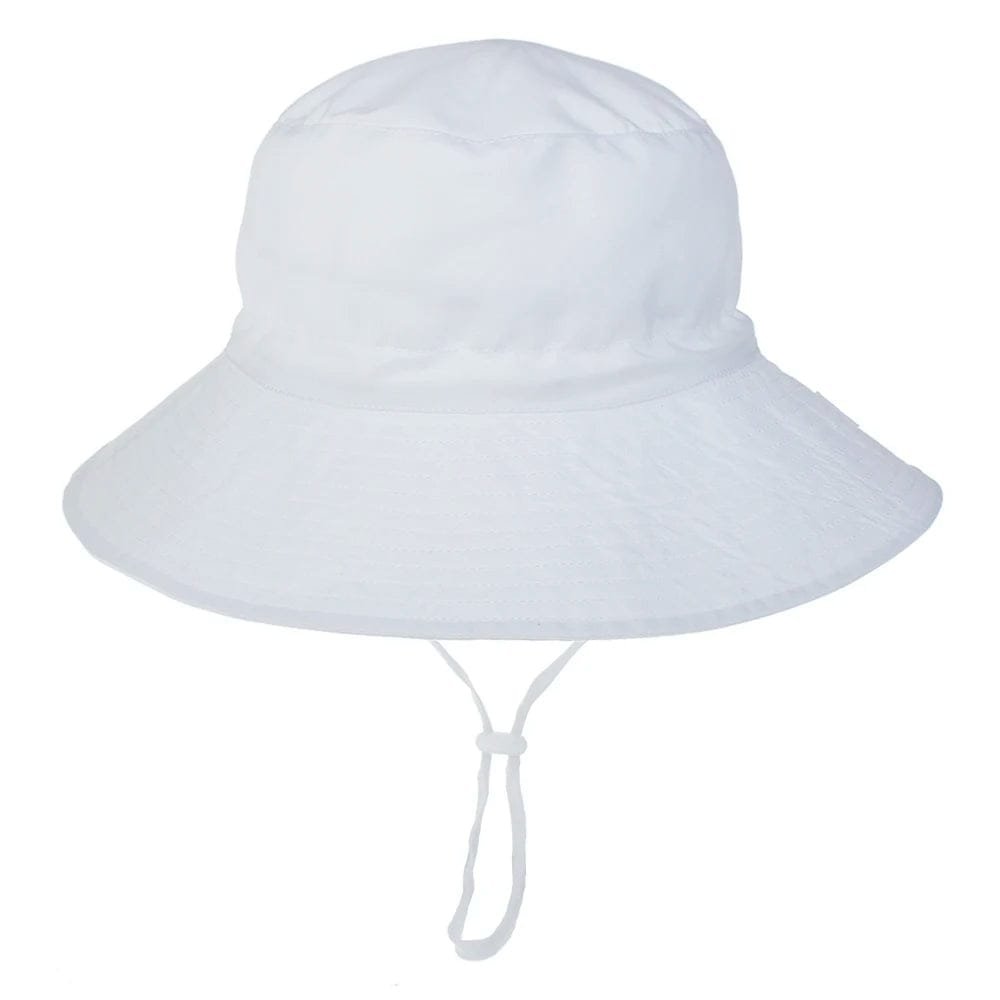 White bucket hat with a drawstring on a white background