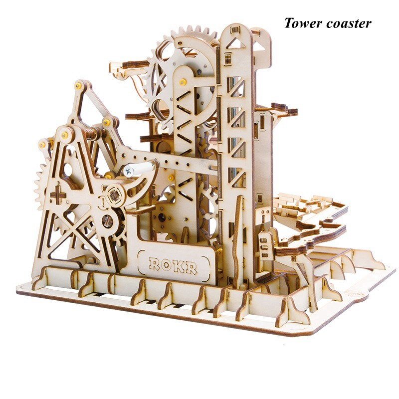 Wooden mechanical model of a tower coaster with ROKR branding on a white background