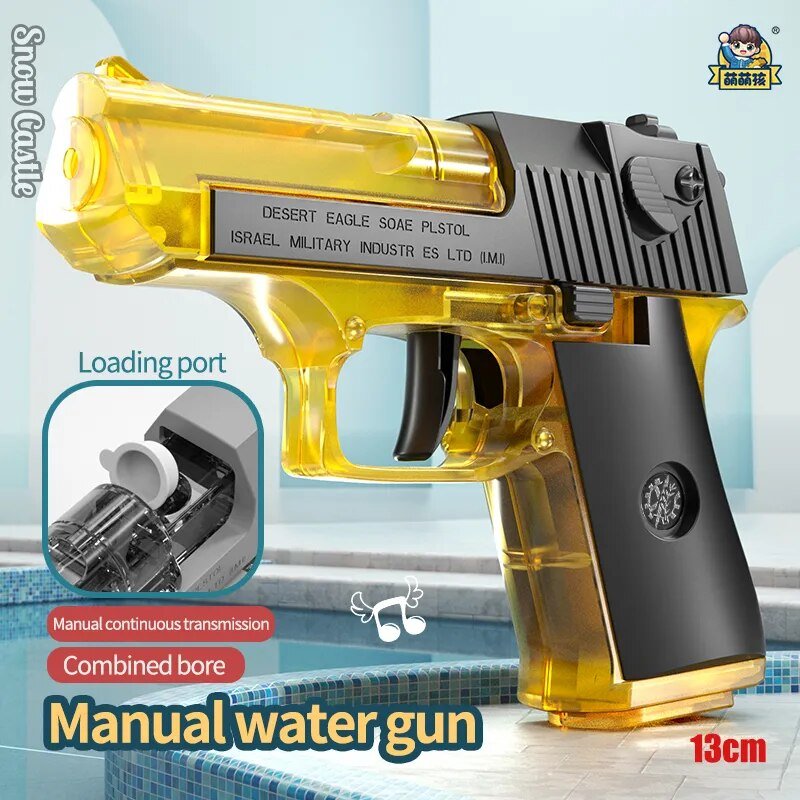 Toy water gun with yellow and black design, labeled 'Manual water gun', on a poolside background.