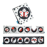 Set of stationery items with insect-themed designs on a white background