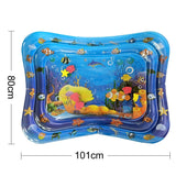 Inflatable water mat with underwater scene and fish illustrations, showing dimensions.