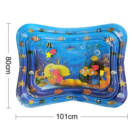 Inflatable water mat with underwater scene and fish illustrations, showing dimensions.
