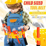 Child wearing a toy tool belt with various tools and a yellow hard hat.