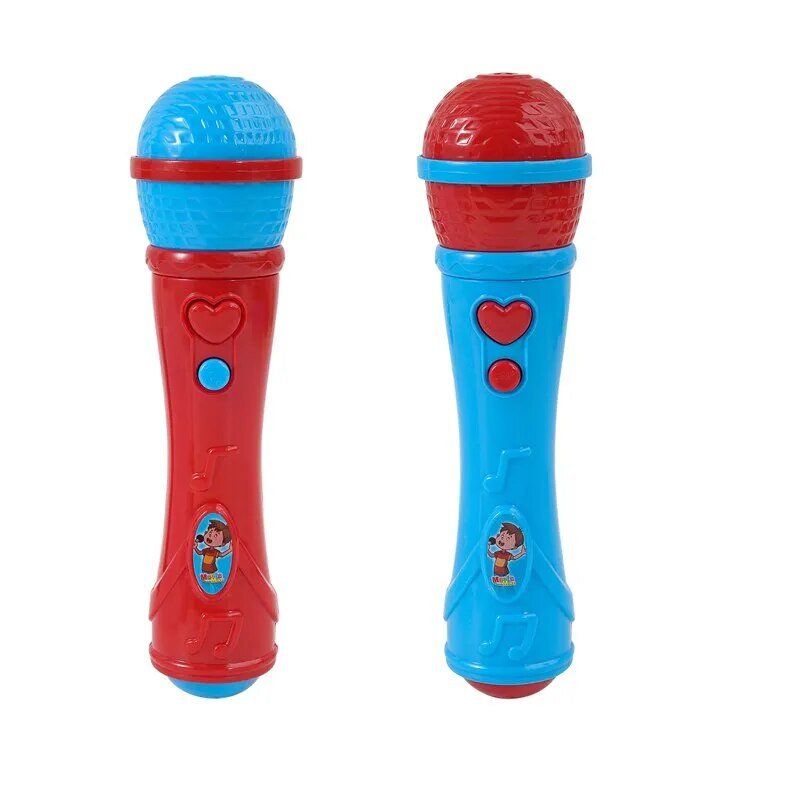 Red and blue toy microphones with heart designs on a white background