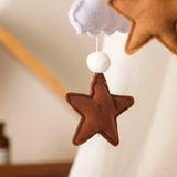 Brown star-shaped ornament with white pom-pom on a blurred background