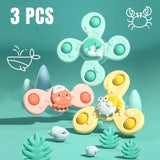 Three colorful fidget spinner toys on a teal background with '3 PCS' text and a crab icon.