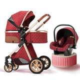 Red quilted baby stroller and car seat set 