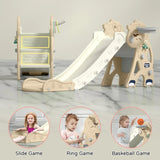 Children's playset with a slide, a ring game, and a basketball hoop