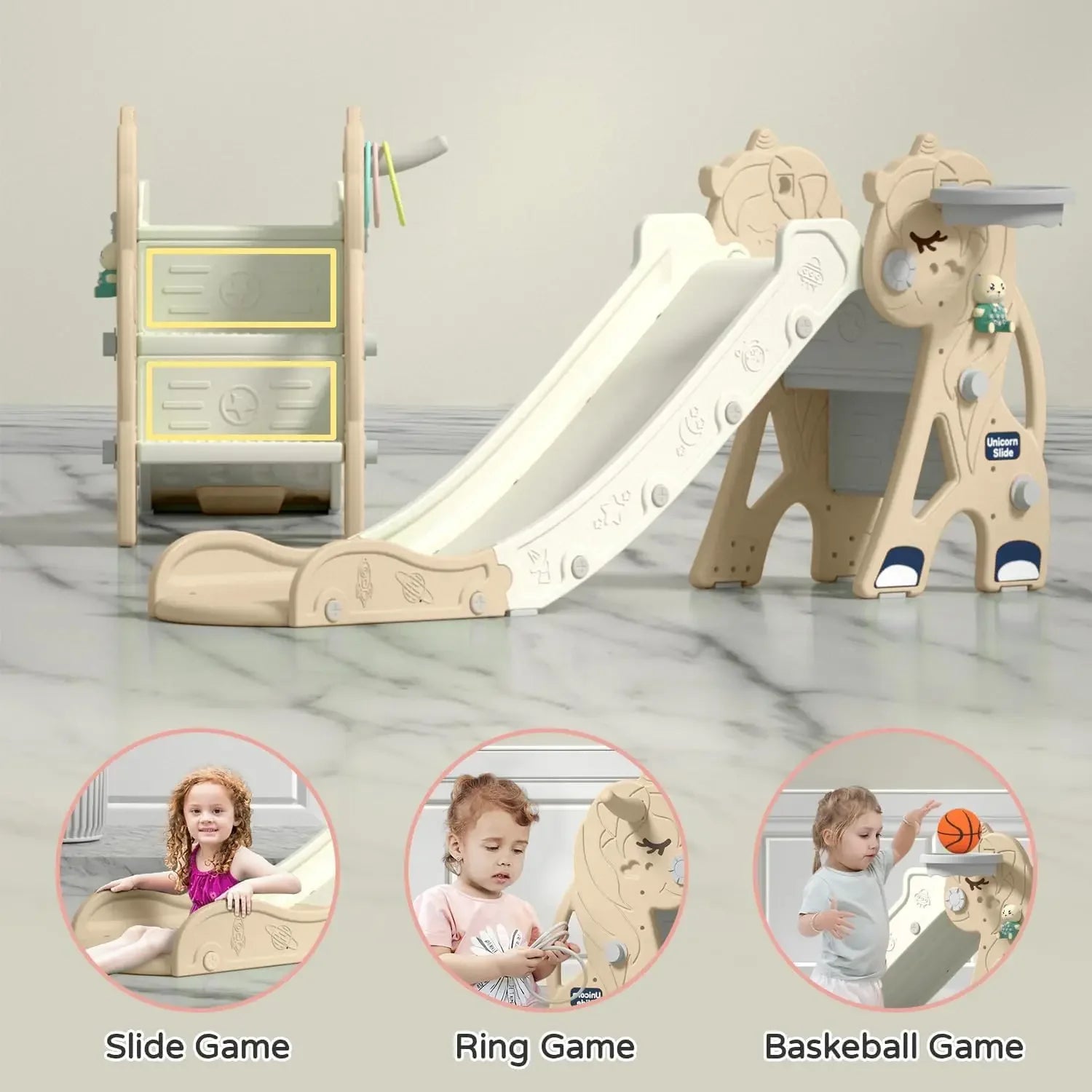 Children's playset with a slide, a ring game, and a basketball hoop