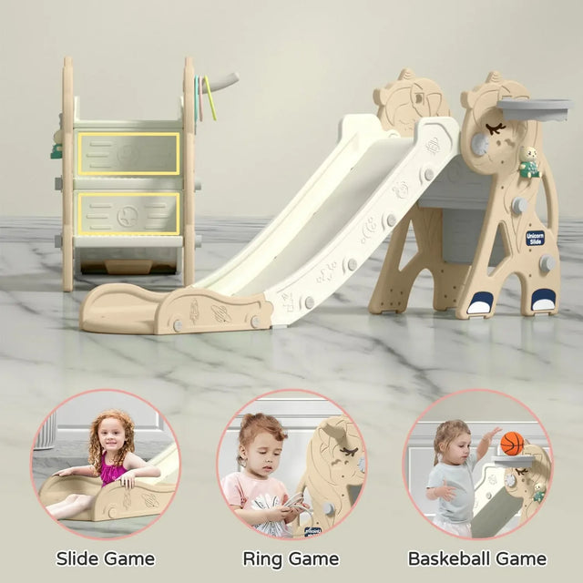 Children's playset with a slide, a ring game, and a basketball hoop