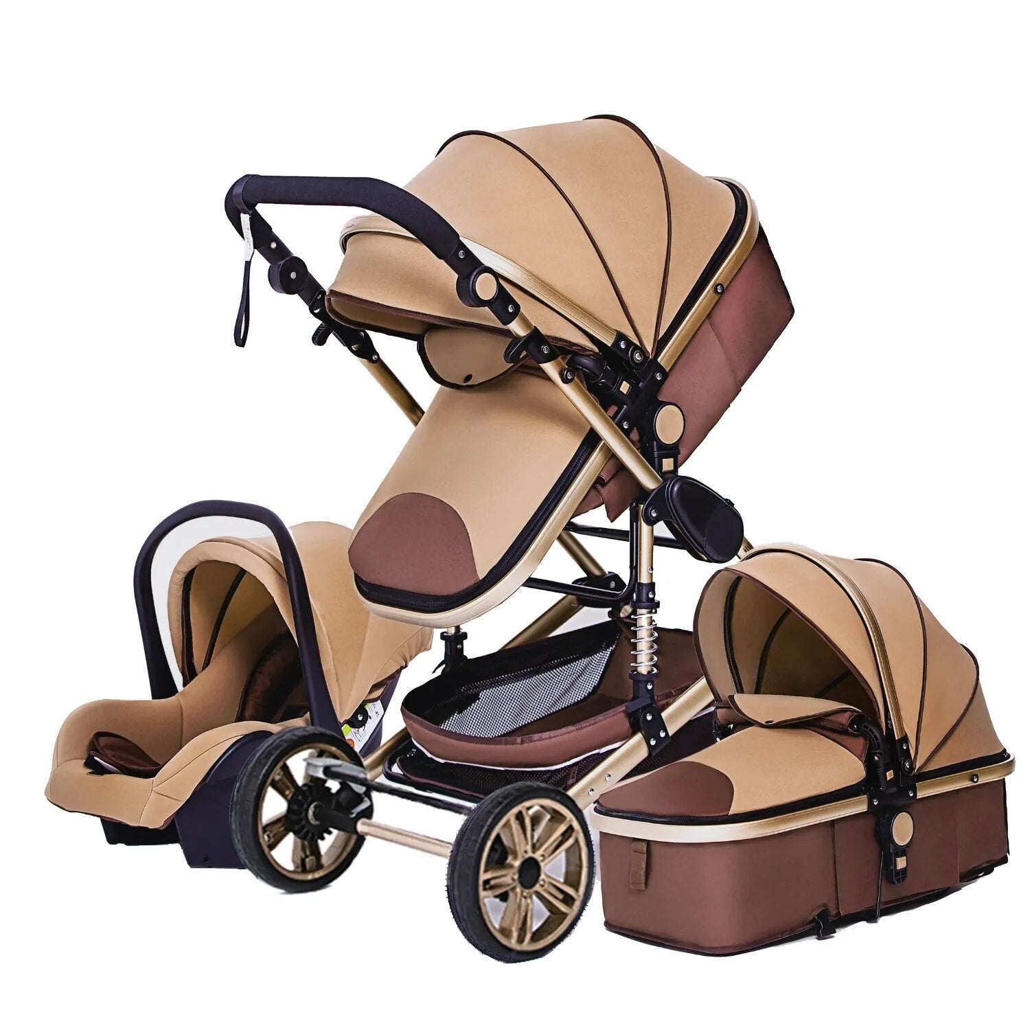 Luxurious 3-in-1 Baby Stroller, beige and brown baby stroller set, for compact folding and easy storage.
