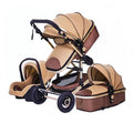 Luxurious 3-in-1 Baby Stroller, beige and brown baby stroller set, for aluminum-frame travel system convenience.