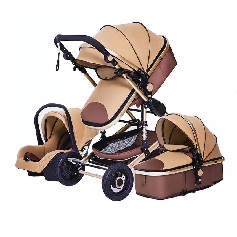 Luxurious 3-in-1 Baby Stroller, beige and brown baby stroller set, for aluminum-frame travel system convenience.