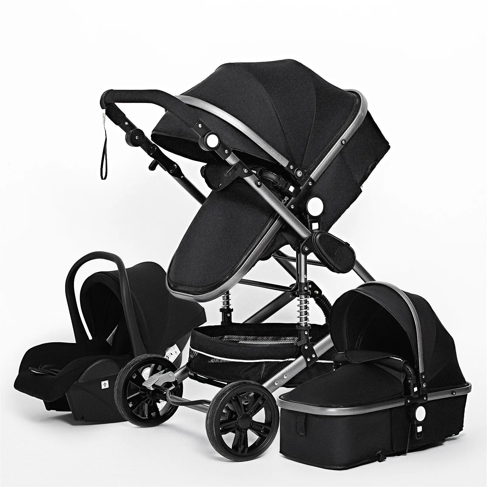 Luxurious 3-in-1 Baby Stroller, black baby stroller set with car seat and bassinet, for portable travel and everyday use.