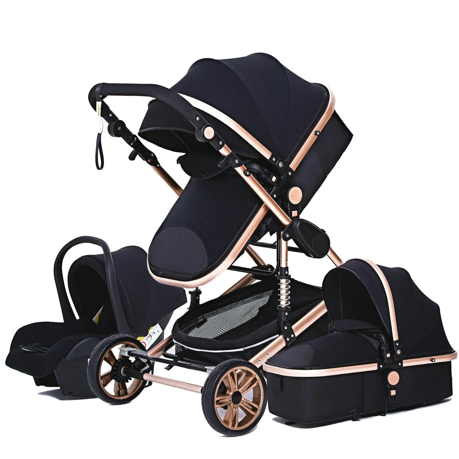 Luxurious 3-in-1 Baby Stroller, black and rose gold baby stroller set, for high-landscape baby viewing comfort.