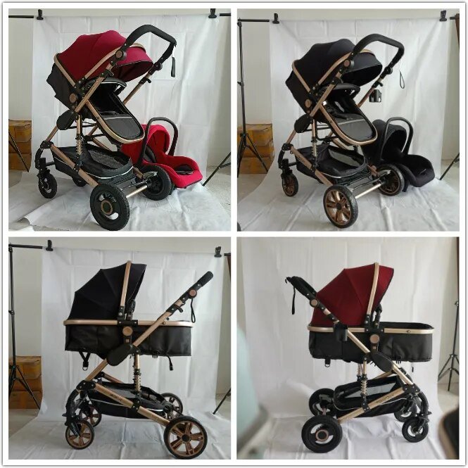 Luxurious 3-in-1 Baby Stroller, collage of a baby stroller with red and black accents, for daily walks and stroller outings.