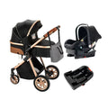 Luxurious 3-in-1 Baby Stroller, black and rose gold baby stroller with car seat and base, for portable folding pram travel.