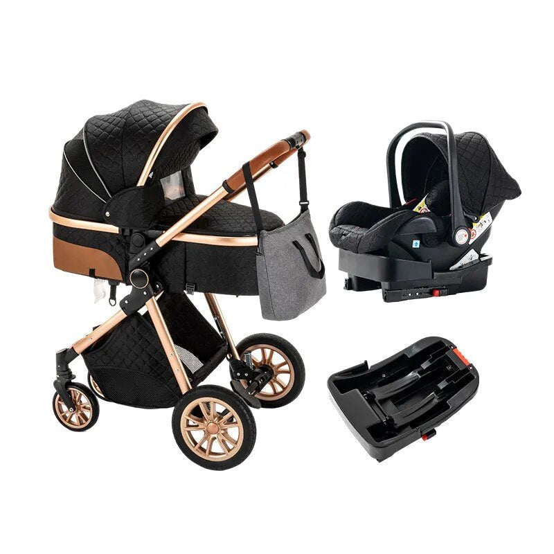 Luxurious 3-in-1 Baby Stroller, black and rose gold baby stroller with car seat and base, for city strolls and errands.