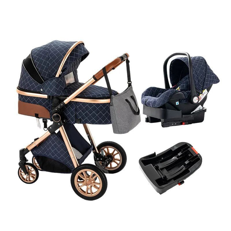 Luxurious 3-in-1 Baby Stroller, baby stroller and car seat set with blue quilted design, for comfortable everyday baby transport.