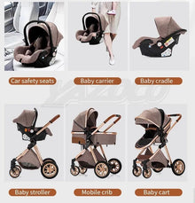 Luxurious 3-in-1 Baby Stroller, collage of baby products including car safety seats, baby carrier, baby cradle, baby stroller, mobile crib, and baby cart, for family outings and airport travel.