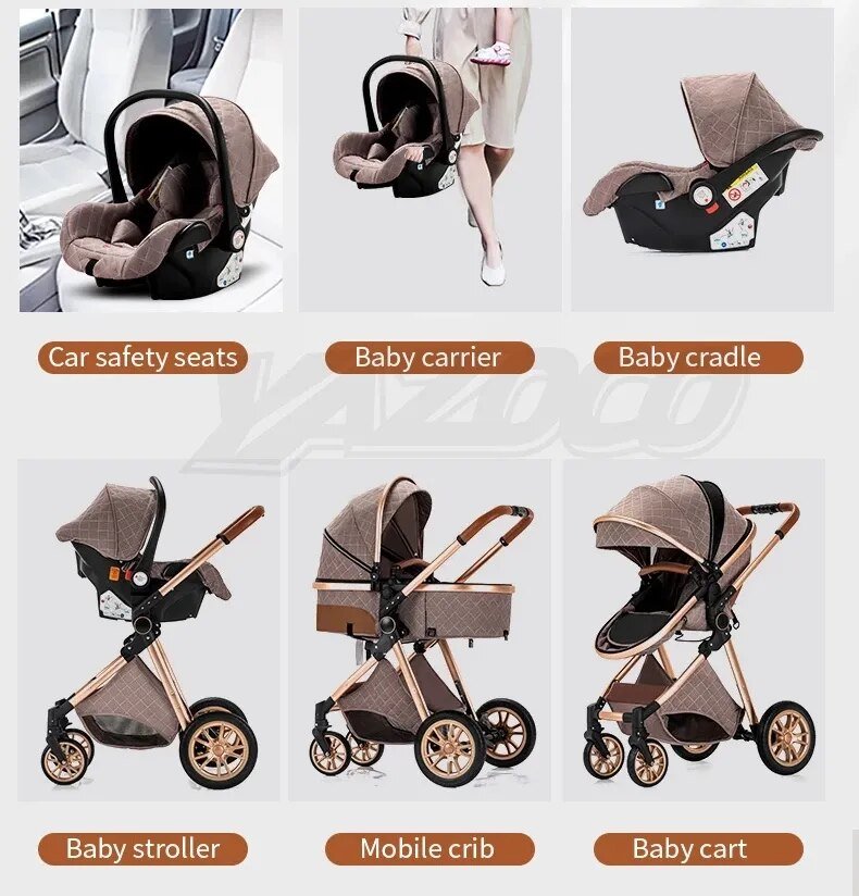 Luxurious 3-in-1 Baby Stroller, collage of baby products including car safety seats, baby carrier, baby cradle, baby stroller, mobile crib, and baby cart, for family outings and airport travel.