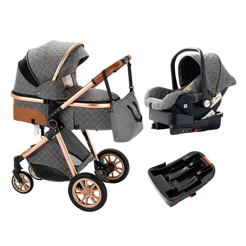 Luxurious 3-in-1 Baby Stroller, gray baby stroller and car seat set, for family outings and airport travel.