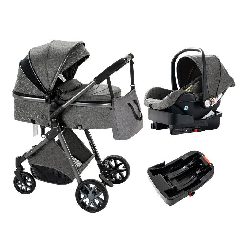 Luxurious 3-in-1 Baby Stroller, gray baby stroller and car seat set, for baby gear bundle use with matching accessories.