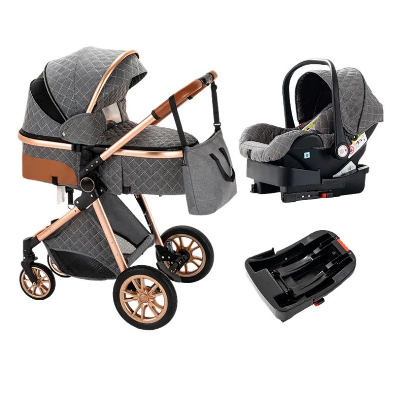 Luxurious 3-in-1 Baby Stroller, gray and rose gold stroller with matching car seat and base, for portable folding pram travel.