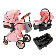Luxurious 3-in-1 Baby Stroller, pink baby stroller and car seat set, for compact travel and daily errands.