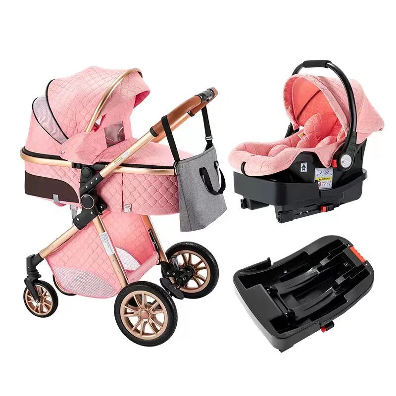 Luxurious 3-in-1 Baby Stroller, pink baby stroller and car seat set, for city strolls and errands.