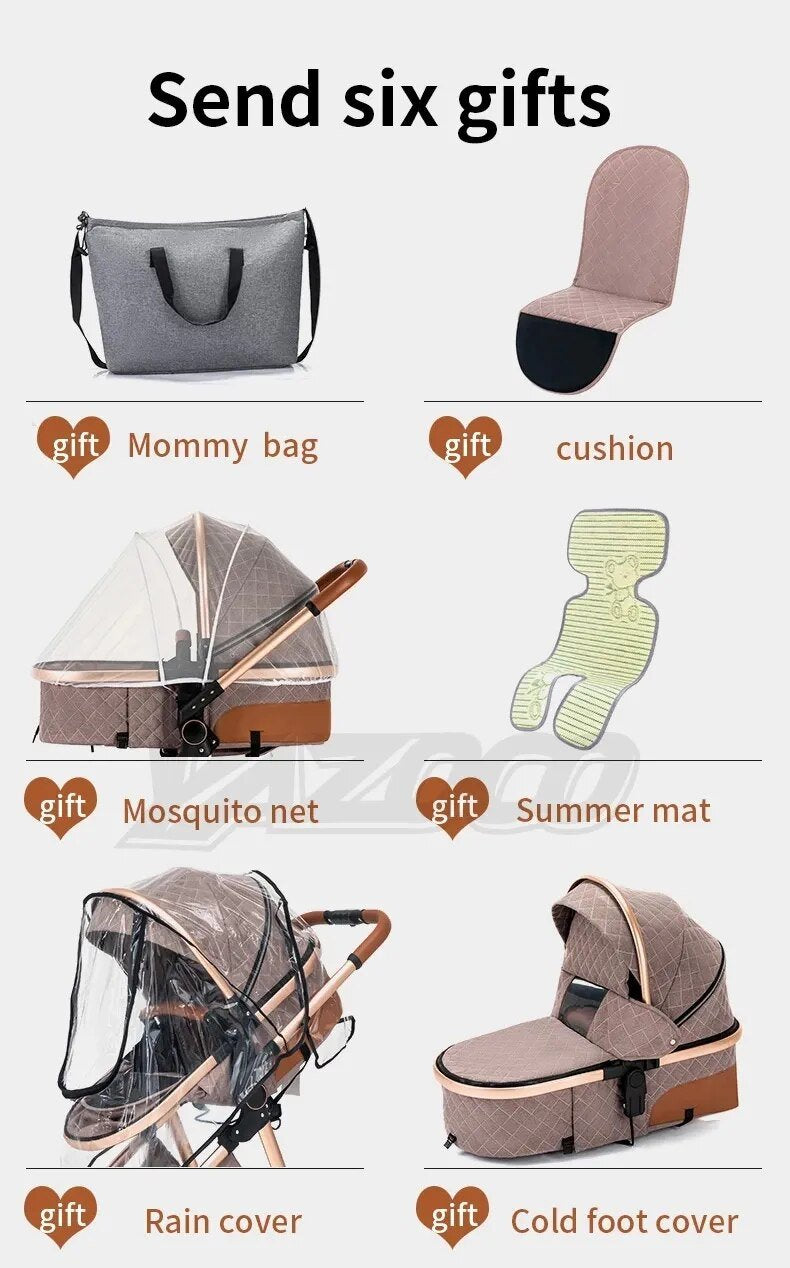 Luxurious 3-in-1 Baby Stroller, set of baby products including a mommy bag, cushion, mosquito net, summer mat, rain cover, and cold foot cover, for stroller and car seat travel system convenience.