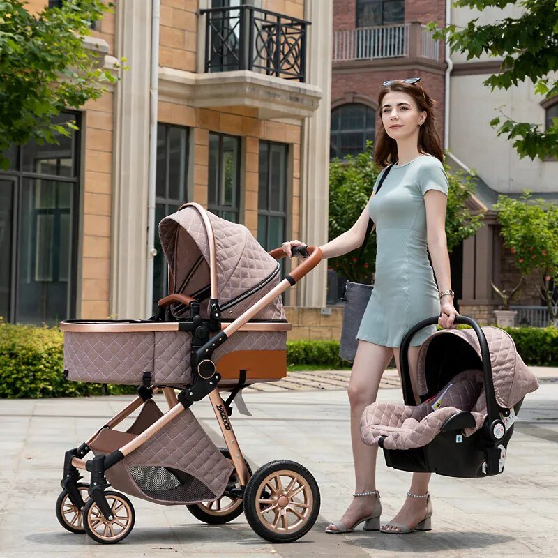 Luxurious 3-in-1 Baby Stroller, a woman pushing a baby stroller and a car seat in an urban setting, for newborn to toddler daily use.