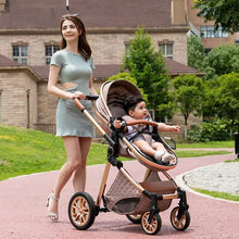Luxurious 3-in-1 Baby Stroller, woman pushing a stroller with a child in an outdoor setting, for easy fold storage and transport.