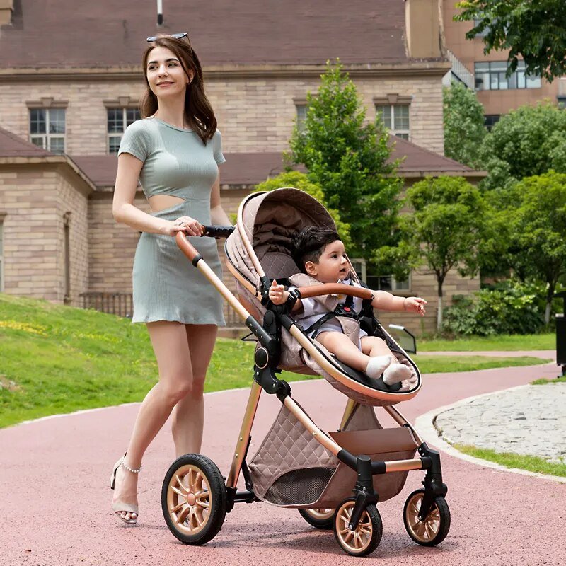 Luxurious 3-in-1 Baby Stroller, woman pushing a stroller with a child in an outdoor setting, for easy fold storage and transport.